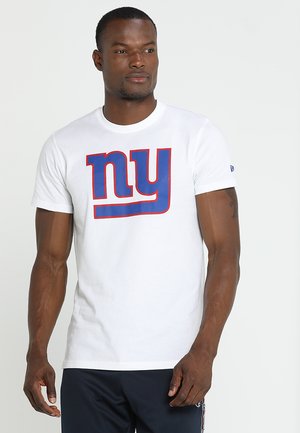 White cotton t-shirt featuring a prominent blue and red "ny" graphic. Short sleeves and round neckline, with a smooth texture.