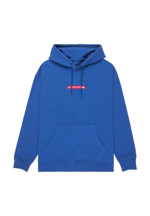 Blauwe sweatshirts met capuchon, een voorkantzak en trekkoorden. Heeft een rood rechthoekig logo met de tekst "QUICKSILVER" op de borst.