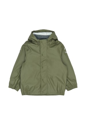 Imperméable à capuche pour enfants de couleur vert olive avec boutons-pression à l'avant, poignets élastiques et doublure douce à l'intérieur de la capuche.