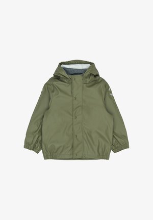 Dětská pláštěnka s kapucí olivově zelené barvy, s předními patentními knoflíky, elastickými manžetami a měkkou podšívkou uvnitř kapuce.