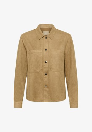 Light brown suede button-up shirt with two chest pockets, long sleeves, and a classic collar.
