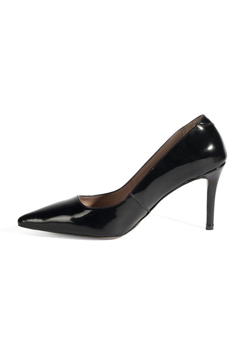 Zwarte lakleren pumps met hoge hak en puntige neus, slank design, 10 cm hak en een gladde, glanzende textuur.