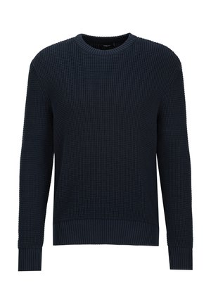 Marineblauer, gestrickter Pullover mit Rundhalsausschnitt, langen Ärmeln sowie gerippten Bündchen und Saum, mit strukturiertem Waffelmuster.