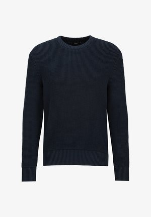 Marineblauwe gebreide trui met ronde hals, lange mouwen en geribbelde boorden en zoom, met een textuur van wafelgebreide stof.