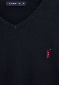 Dunkelblauer V-Ausschnitt-Pullover mit kleiner roter Polo-Spieler-Stickerei auf der Brust und einem "POLO CLUB" Größenetikett M im Kragen.