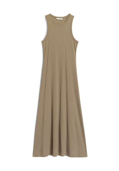 Abito maxi senza maniche color khaki con scollatura tonda, realizzato in morbido tessuto elasticizzato, caratterizzato da una gonna ampia e un design semplice.