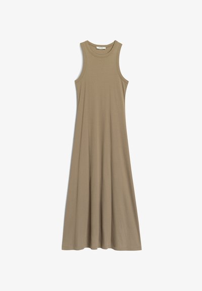 Abito maxi senza maniche color khaki con scollatura tonda, realizzato in morbido tessuto elasticizzato, caratterizzato da una gonna ampia e un design semplice.