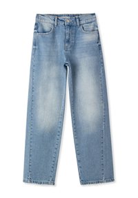Jeans di denim azzurro chiaro con una vestibilità ampia, dotati di tasche anteriori e posteriori, chiusura con bottone e dettagli sbiaditi sul tessuto.