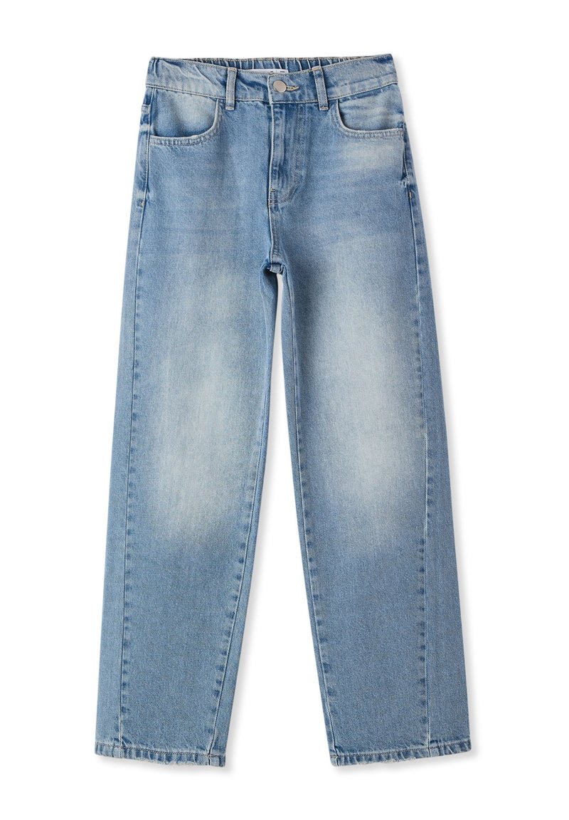 Jeans di denim azzurro chiaro con una vestibilità ampia, dotati di tasche anteriori e posteriori, chiusura con bottone e dettagli sbiaditi sul tessuto.