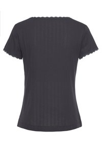 Dark gray t-shirt with short sleeves, featuring a scalloped neckline and vertical stripes. Made from soft, lightweight fabric.