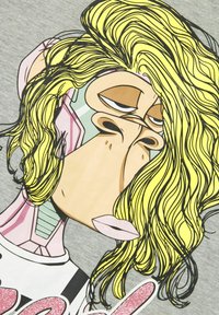 Grafisk design med en tecknad karaktär som har långt, vågigt blont hår, dämpade ansiktsdrag och metalliska detaljer mot en grå bakgrund.