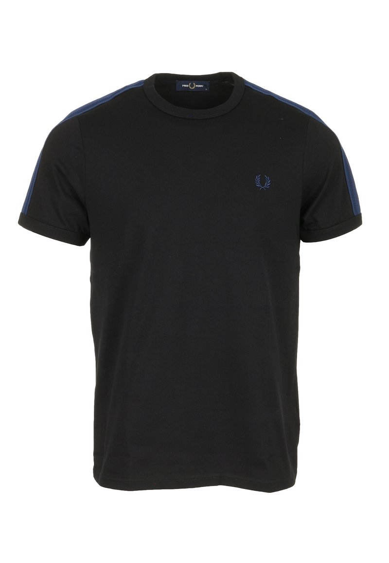 Maglietta in cotone nera con collo rotondo, maniche corte e strisce accentate blu. Caratterizzata da un piccolo logo ricamato sul petto a sinistra.