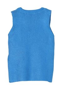 Top senza maniche in maglia blu con texture a coste, scollatura rotonda e taglio aderente, caratterizzato da un colore uniforme senza motivi o decorazioni.