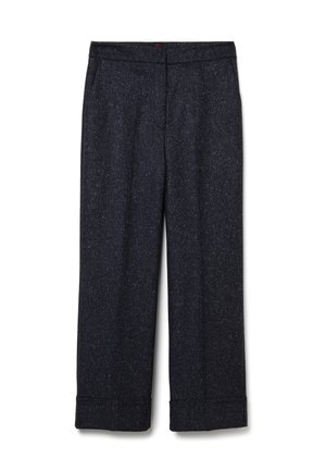 Pantaloni sartoriali blu scuro realizzati in un tessuto texturizzato, con gamba dritta, orli risvoltati e una vita liscia.