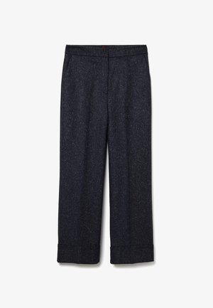 Pantaloni sartoriali blu scuro realizzati in un tessuto texturizzato, con gamba dritta, orli risvoltati e una vita liscia.