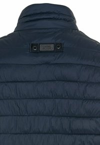 Marineblaue Daunenjacke mit hohem Kragen, horizontalem Steppmuster und einem Etikett mit "camel active" auf der Rückseite. Glatte Textur.