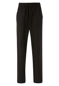 Pantalon noir léger avec une taille élastique et un cordon de serrage. Comprend deux poches latérales et une coupe droite. Texture lisse.