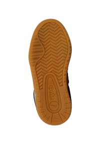 Suela de zapato de goma con patrón de espiga; presenta un acabado texturizado de color naranja con marca en relieve y forma curva.