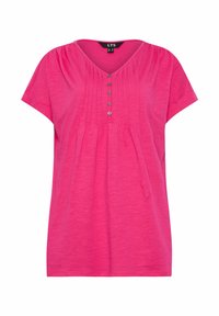 Top rosa a maniche corte con scollatura a V, caratterizzato da pieghe e bottoni sul davanti. Tessuto morbido e leggero con una consistenza liscia.