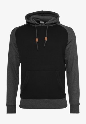 Čierna a šedá mikina s kapucňou, s kloktanou vreckom, textúrovanou látkou a nastaviteľnými šnúrkami v béžovej farbe.