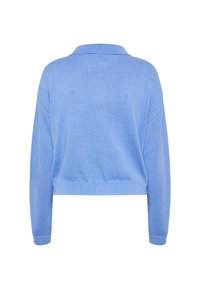 Maglione corto azzurro chiaro con texture a coste, maniche lunghe e colletto morbido. Il retro presenta un design semplice e liscio, privo di decorazioni.