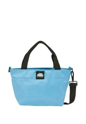 Piccola borsa tote azzurro chiaro con manici neri e tracolla rimovibile, con patch logo Sundek bianco e nero.