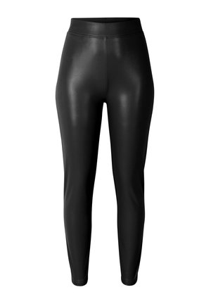 Schwarze Leggings aus Kunstleder mit hohem Bund, taillierter Silhouette, glatter Textur und knöchellangem Design. Keine sichtbaren Muster oder Verzierungen.