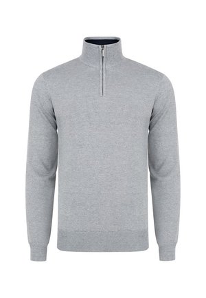 Szary sweter z pół-zamkiem, prążkowymi mankietami i dołem. Wykonany z miękkiego materiału, ma jednolitą kolorystykę oraz klasyczny design.