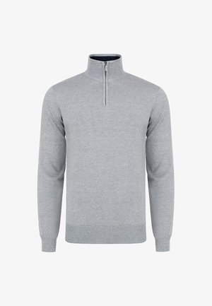 Szary sweter z pół-zamkiem, prążkowymi mankietami i dołem. Wykonany z miękkiego materiału, ma jednolitą kolorystykę oraz klasyczny design.