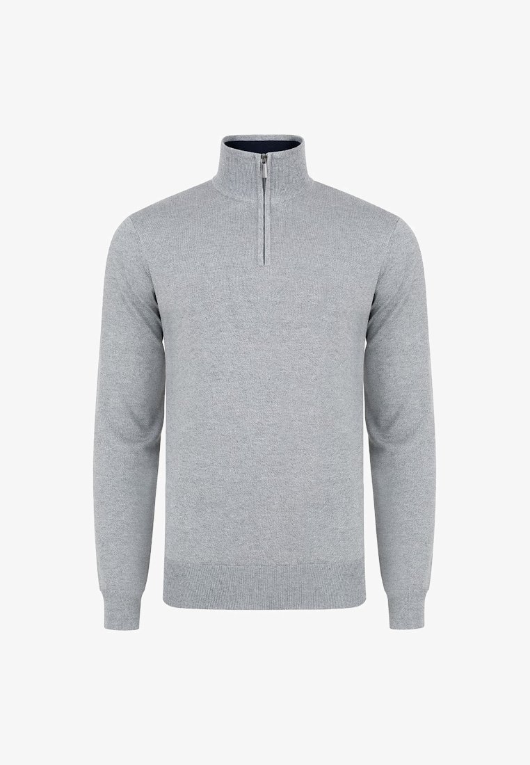 Szary sweter z pół-zamkiem, prążkowymi mankietami i dołem. Wykonany z miękkiego materiału, ma jednolitą kolorystykę oraz klasyczny design.