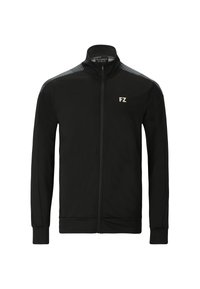 Svart sportjacka med full dragkedja och hög krage, gråmönstrade axelpaneler och vitt "FZ"-logotyp på vänster bröst.
