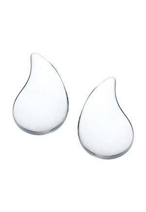 Pair of smooth, polished silver earrings shaped like rounded teardrops with a slight curve at the pointed top.