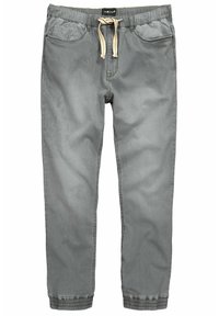 Pantalones jogger grises de mezclilla con cintura elástica, cordón ajustable y puños acanalados. Cuenta con dos bolsillos frontales.