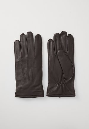 Brown leather gloves with four ridges on the back, elasticated cuffs, smooth texture, and stitched detailing along the edges.