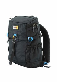 Mochila negra de forma rectangular, con acentos en azul, múltiples bolsillos, cremalleras y tirantes ajustables para un transporte seguro.