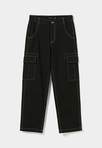 Black cargo pants with white stitching, featuring front pockets and two spacious side cargo pockets. Designed with a straight leg and sturdy fabric.