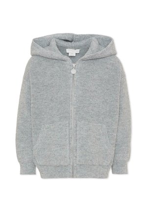 Felpa con cappuccio in maglia grigio chiaro con zip, tasche frontali e polsini e orlo a costine, mostrata su sfondo bianco.