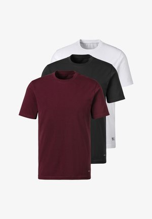 Drei kurzärmelige T-Shirts: burgunderrot, schwarz und weiß. Aus Baumwolle, mit einem klassischen Rundhalsausschnitt und einer glatten Textur.
