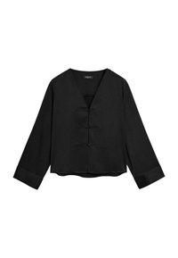 Zwart cropped blouse met een V-hals, lange mouwen en drie knoopjes aan de voorkant. Zachte stof met een gladde textuur en omgeslagen manchetten.