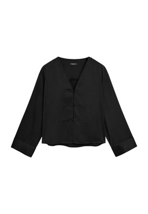 Black cropped blouse with a V-neck, long sleeves, and three front toggles. Soft fabric with smooth texture and folded cuffs.