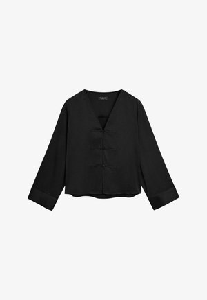 Black cropped blouse with a V-neck, long sleeves, and three front toggles. Soft fabric with smooth texture and folded cuffs.