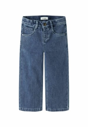 Jean droit en denim bleu pour enfants avec poches avant et fermeture par bouton, présenté sur fond blanc.