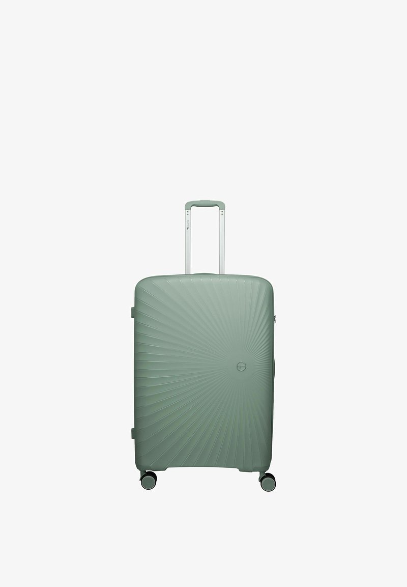 Valise rigide verte avec poignée télescopique et quatre roues pivotantes, présentant un motif texturé radial à l'avant.