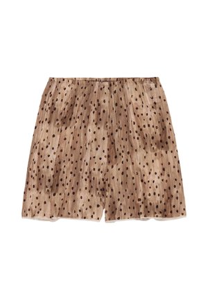 Falda translúcida de color marrón claro con lunares marrón oscuro y cintura elástica, mostrada extendida sobre un fondo blanco.