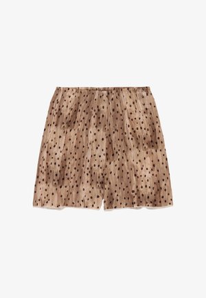 Falda translúcida de color marrón claro con lunares marrón oscuro y cintura elástica, mostrada extendida sobre un fondo blanco.