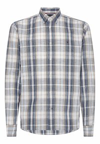 Camisa de cuadros de manga larga en azul, beige y blanco. Cuenta con cuello abotonado, botones frontales y logo en el pecho. Tela de algodón con acabado texturizado.