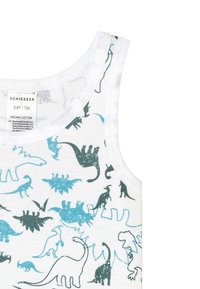 White tank top made of organic cotton, featuring dinosaur and foliage prints in teal and dark green. Sleeveless with ribbed neckline.