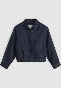 Veste en denim cropped bleu foncé, dotée d'une fermeture éclair à l'avant, d'un col pointu, d'une taille élastique et de poches latérales avec des détails de couture jaune.