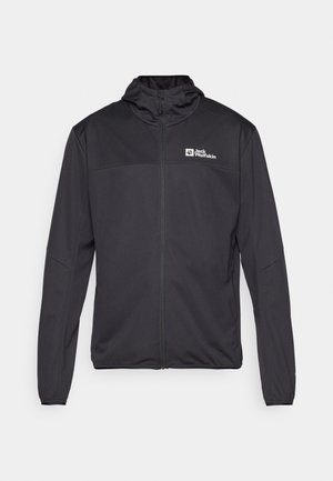 Schwarze Kapuzenjacke aus weichem, glattem Stoff. Hat einen hohen Kragen, lange Ärmel und ein kleines Logo im Brustbereich.