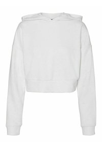 Vit kort sweatshirt med huva, långa ärmar och ribbade muddar. Tillverkad av ett mjukt tyg med en enkel, minimalistisk design.